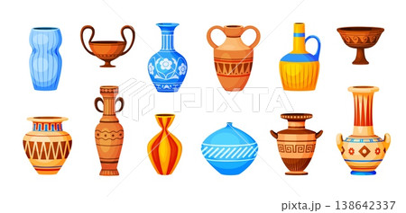 Cartoon ceramic vases. Clay pottery, earthenware porcelain vessel jug pot bowl, antique classic old or modern decorative floral pitcher urn jar set qualitative vector illustration Cartoon ceramic vases. Clay pottery, earthenware porcelain vessel jug pot bowl, antique classic old or modern decorative floral pitcher urn jar set qualitative vector illustration 138642337