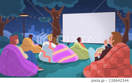 Outdoor cinema theater. Night movie night summer festival, people watching film screen projector in park backyard lawn open air theatre entertainment classy vector illustration Outdoor cinema theater. Night movie night summer festival, people watching film screen projector in park backyard lawn open air theatre entertainment classy vector illustration 138642344