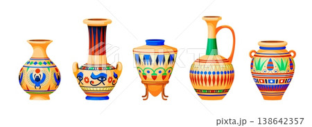 Egyptian pottery. Ancient egypt jar, nubian handcrafted vase traditional folklore urn amphora golden hieroglyph pharaoh decoration museum, cartoon qualitative vector illustration Egyptian pottery. Ancient egypt jar, nubian handcrafted vase traditional folklore urn amphora golden hieroglyph pharaoh decoration museum, cartoon qualitative vector illustration 138642357