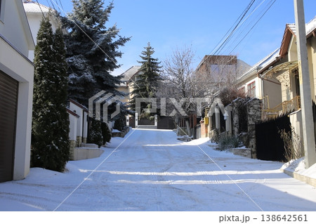 The alley is covered with fresh snow. Sunny day. The alley is covered with fresh snow. Sunny day. 138642561