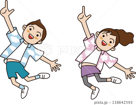 日本の小学生の男の子と女の子。笑顔でジャンプしてるイラスト。 日本の小学生の男の子と女の子。笑顔でジャンプしてるイラスト。 138642593