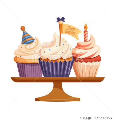 Festive birthday cupcakes on a cake stand with candles and party decorations. Colorful flat vector illustration isolated on white background, perfect for greeting cards and celebration designs. 138642595