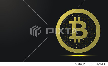 Low poly wireframe golden bitcoin symbol on dark background. 138642611