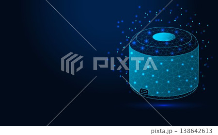 Low poly wireframe smart speaker on dark blue background. Low poly wireframe smart speaker on dark blue background. 138642613