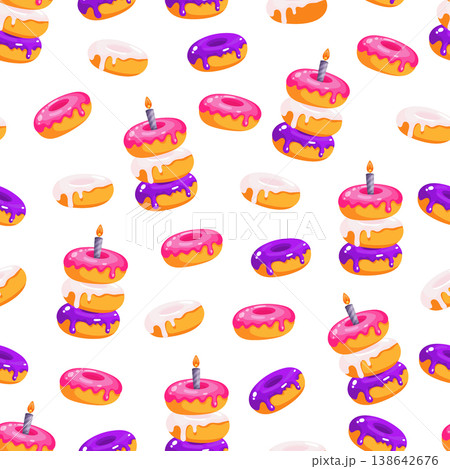Seamless pattern with colorful glazed donuts and birthday candle in bright cartoon style. Flat vector festive dessert background with pink, purple and white icing on white backdrop. Seamless pattern with colorful glazed donuts and birthday candle in bright cartoon style. Flat vector festive dessert background with pink, purple and white icing on white backdrop. 138642676