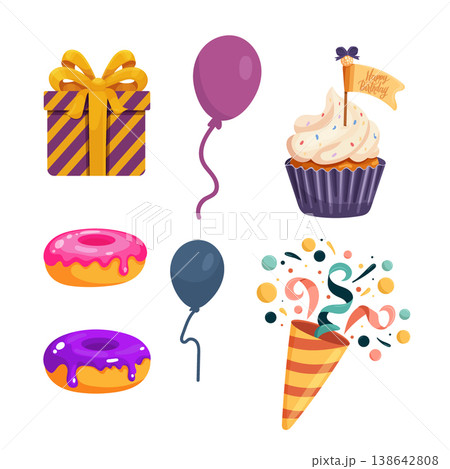 Colorful Birthday Party Vector Set with Cupcake, Donuts, Balloons and Gift Box. Bright festive illustration isolated on white background, perfect for greeting cards, invitations, posters. Colorful Birthday Party Vector Set with Cupcake, Donuts, Balloons and Gift Box. Bright festive illustration isolated on white background, perfect for greeting cards, invitations, posters. 138642808