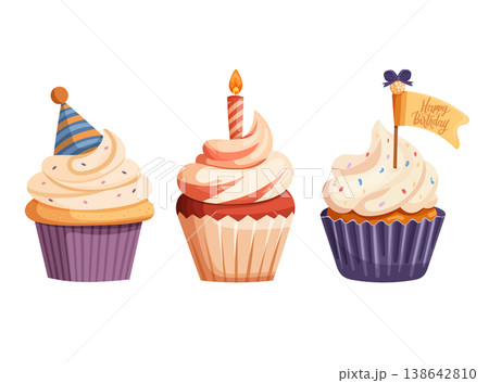 Set of three colorful birthday cupcakes with creamy frosting, party hat, candle and festive flag isolated on white background. Cute flat vector illustration for celebration, greeting cards and invitat 138642810