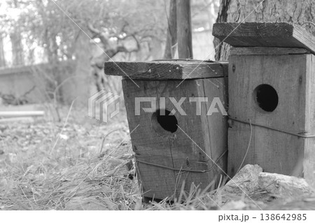 Two old dilapidated wooden birdhouses. Two old dilapidated wooden birdhouses. 138642985