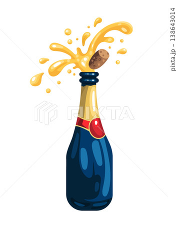 Cartoon Champagne Bottle with Popping Cork and Splash. Festive sparkling wine explosion. Flat vector clipart, illustration with isolated background. Cartoon Champagne Bottle with Popping Cork and Splash. Festive sparkling wine explosion. Flat vector clipart, illustration with isolated background. 138643014