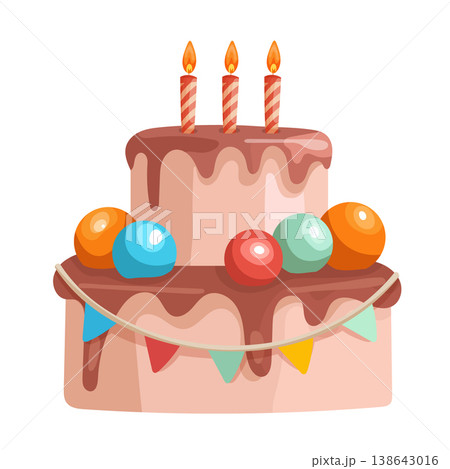 Chocolate Birthday Cake with Candles and Colorful Decorations. Festive layered cake with dripping glaze and bright candy topping isolated on white background, flat vector illustration for party design 138643016