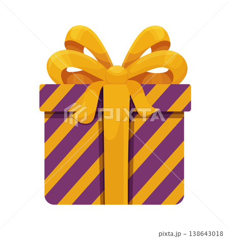 Purple and Yellow Gift Box with Ribbon Bow Illustration. Festive wrapped present isolated on white background, flat vector design for birthday, holiday, celebration and special occasion graphics. Purple and Yellow Gift Box with Ribbon Bow Illustration. Festive wrapped present isolated on white background, flat vector design for birthday, holiday, celebration and special occasion graphics. 138643018