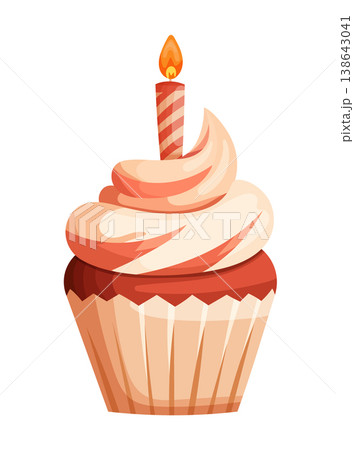 Birthday Cupcake with Cream Swirl and Lit Candle Illustration. Sweet festive dessert in flat vector style isolated on white background, perfect for party design, greeting cards and celebration graphic Birthday Cupcake with Cream Swirl and Lit Candle Illustration. Sweet festive dessert in flat vector style isolated on white background, perfect for party design, greeting cards and celebration graphic 138643041