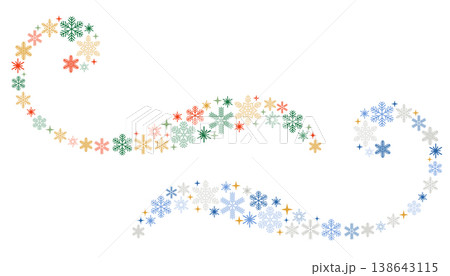 Colorful snowflake swirls create a festive winter wind pattern across a clean white background. 138643115