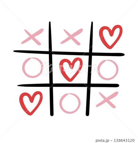 Hand-drawn tic-tac-toe featuring red hearts, pink crosses and circles on a white background. This romantic card is ideal for Valentine's Day. 138643120