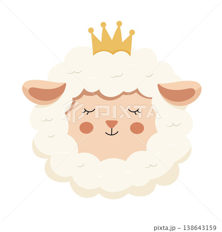 Cute Princess Sheep Face with Golden Crown. Adorable nursery style lamb illustration in soft pastel colors. Flat vector clipart, illustration with isolated background. Cute Princess Sheep Face with Golden Crown. Adorable nursery style lamb illustration in soft pastel colors. Flat vector clipart, illustration with isolated background. 138643159