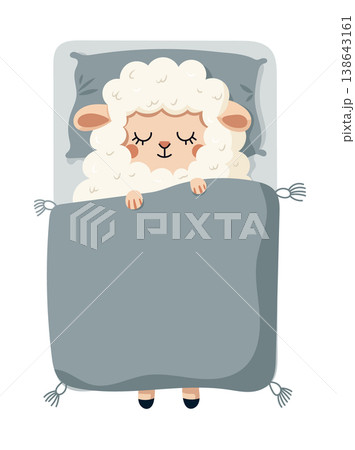 Cute Sleeping Sheep in Bed Nursery Illustration. Adorable lamb tucked under a blanket in soft pastel colors. Flat vector clipart, illustration with isolated background. 138643161