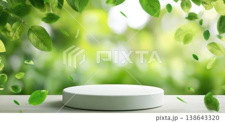 White concrete round podium, green flying leaves nature background. Scene stage showcase for organic cosmetic product, promotion sale, eco banner presentation. Stand empty cylinder platform cylinder 138643320