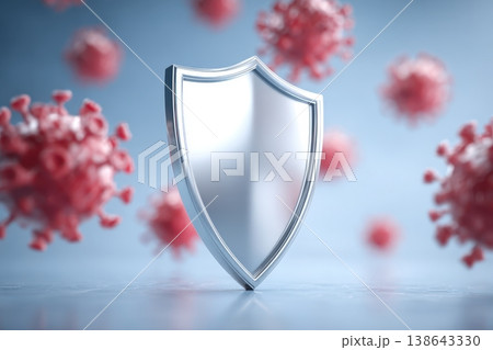 Protective shield surrounded by airborne viruses and bacteria cells, repelling red viral particles. Blue background. Infectious agents defense. Immunity safety. Health care, protection from disease Protective shield surrounded by airborne viruses and bacteria cells, repelling red viral particles. Blue background. Infectious agents defense. Immunity safety. Health care, protection from disease 138643330