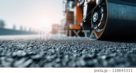 Process of asphalting, asphalt paver machine and steam road roller. The asphalt paver. Road works in the city. Construction machinery. Sunny day. Compacting freshly laid asphalt during paving work. 138643331