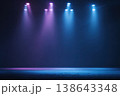 Illuminated podium on dark stage, empty neon spotlights. Purple and blue beams across glossy floor, soft gradient backdrop, dramatic studio mood. Spacious copyspace for product display or branding. 138643348