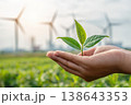 Hand holding green leaf on wind turbines field background. Sustainable Energy Symbol. Renewable electric power industry. Representing Recycling, Innovation. Environment. Technology and sustainability. 138643353