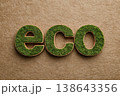 Green grass eco lettering on brown paper background. Nature theme. Green business, bio produce production. Eco simple wooden sign letters in natural setting. Environmental awareness efforts. Flat lay 138643356