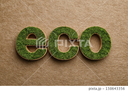 Green grass eco lettering on brown paper background. Nature theme. Green business, bio produce production. Eco simple wooden sign letters in natural setting. Environmental awareness efforts. Flat lay Green grass eco lettering on brown paper background. Nature theme. Green business, bio produce production. Eco simple wooden sign letters in natural setting. Environmental awareness efforts. Flat lay 138643356