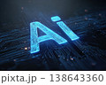 Glowing AI microchip on digital circuit board background, futuristic technologies. 3d Rendering. Artificial intelligence glowing micro chip intricate circuitry. Machine Learning Technology Processor. 138643360