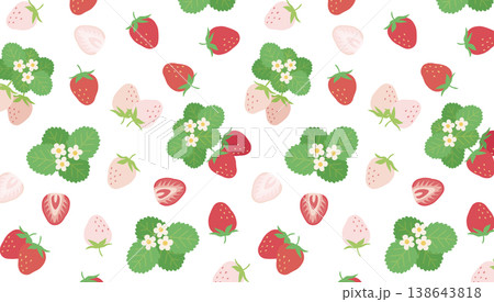 ガーリーでかわいいイチゴのパターン 白いちご スライス苺 花と葉っぱ シームレスな背景装飾イラスト ガーリーでかわいいイチゴのパターン 白いちご スライス苺 花と葉っぱ シームレスな背景装飾イラスト 138643818
