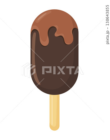 Eskimo ice cream with chocolate glaze on a wooden stick. Flat vector clipart, illustration with isolated background. Eskimo ice cream with chocolate glaze on a wooden stick. Flat vector clipart, illustration with isolated background. 138643855