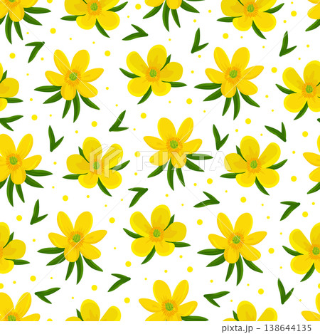 Eranthis hyemalis flower seamless pattern. Flat vector clipart, illustration with isolated background. 138644135