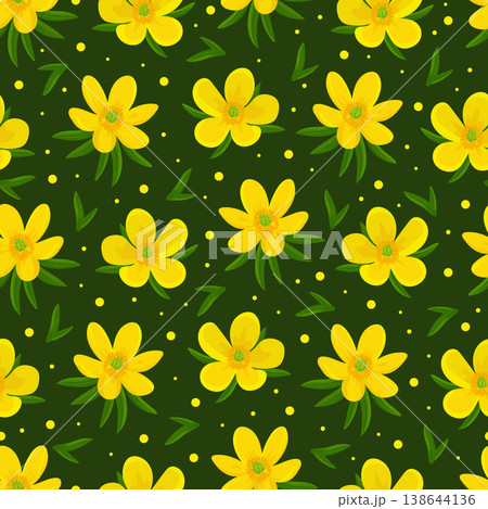 Eranthis hyemalis flower seamless pattern. Flat vector clipart, illustration with isolated background. Eranthis hyemalis flower seamless pattern. Flat vector clipart, illustration with isolated background. 138644136