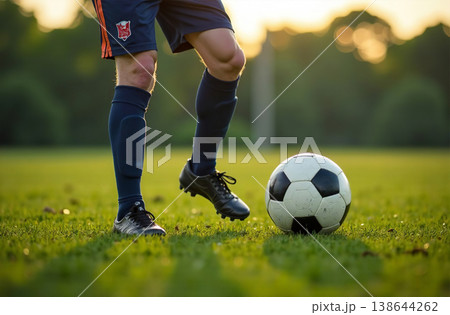 Man playing soccer outside, football players kicking ball. AI Generative 138644262