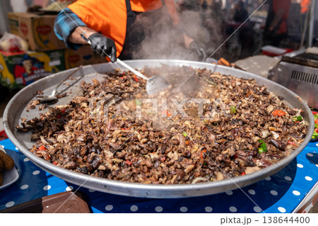 Street Food Vendor Cooking Chopped Doner Meat on Large Pan 138644400