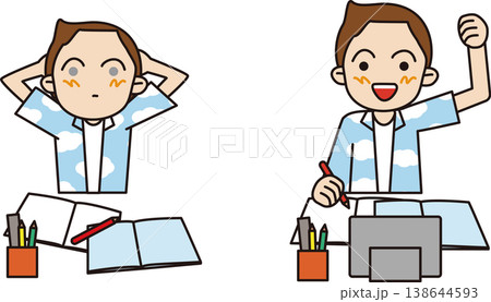 家庭学習する小学生の男の子。無気力とやる気の表情のイラスト。 138644593