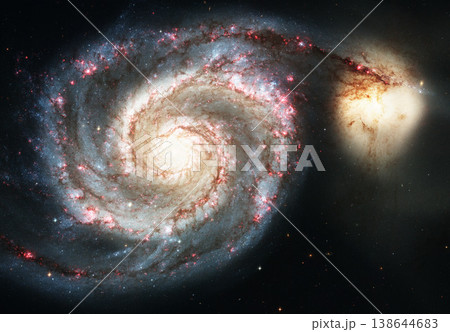 Galaxy, space and spiral solar system in universe on black background with light, pattern and color glow in cosmos. Stars, infinity and planets in milky way with nebula shine, dark sky and aerospace. 138644683
