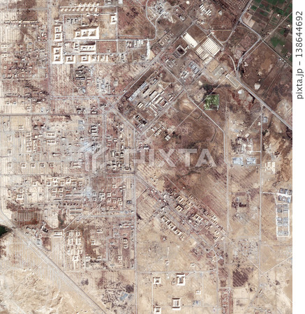 Aerial, drought map and satellite view of landscape, nature and desert outdoor with sand. Land and above with dust, neighborhood and roads with rural development from top with town and terrain Aerial, drought map and satellite view of landscape, nature and desert outdoor with sand. Land and above with dust, neighborhood and roads with rural development from top with town and terrain 138644692