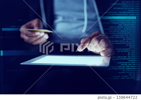 Hacker, credit card and hands of person and tablet for scam, cyber security and password theft. Phishing, technology overlay and night with closeup online crime for crypto, malware and finance fraud 138644722