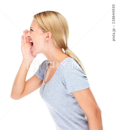 Profile, woman and shouting in studio with voice for protest, speech and human rights revolution. Angry model screaming to broadcast news, announcement and attention justice for on white background Profile, woman and shouting in studio with voice for protest, speech and human rights revolution. Angry model screaming to broadcast news, announcement and attention justice for on white background 138644930