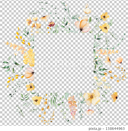 Square floral frame with yellow watercolor wildflowers and leaves, hand drawn wedding illustration Square floral frame with yellow watercolor wildflowers and leaves, hand drawn wedding illustration 138644963