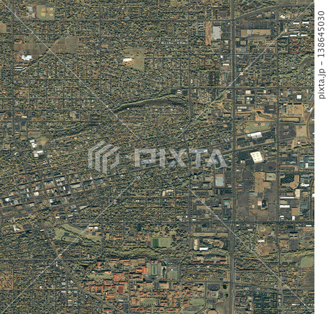 Map, buildings and aerial of city with street lines, residential and town architecture. Landscape, geography and satellite, top view and atmosphere for urban development, neighborhood and houses 138645030