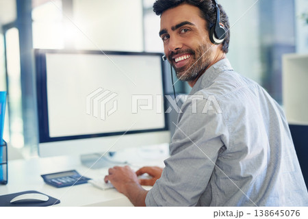 Portrait, telemarketing and man with a computer, tech support and mockup with headphones, crm and call center. Face, office or agent with a headset, customer service and help desk with consultant 138645076