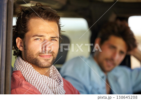 Car road trip, travel portrait and man on journey, adventure or motor transportation for friendship vacation, tour or getaway. Moving automobile, relax passenger face and person driving in SUV van Car road trip, travel portrait and man on journey, adventure or motor transportation for friendship vacation, tour or getaway. Moving automobile, relax passenger face and person driving in SUV van 138645208