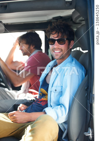 Travel, portrait and happy men friends in a car for road trip, adventure or vacation together. Freedom, transportation and people relax in vehicle for holiday, trip or journey while chilling outdoor 138645250