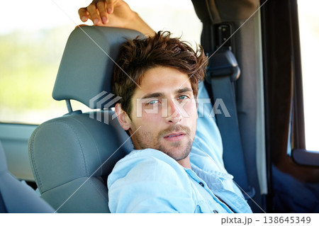 Relax man, car portrait and road trip break, rest or wellness on street journey, summer travel or Canada vacation holiday. Moving automobile, driver and face of person driving in SUV, van or vehicle 138645349