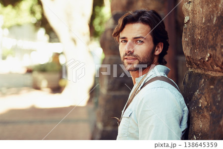 Tourist, portrait or man in park on holiday, vacation or weekend trip for a adventure in Italy. Relax, travel or male person with fashion, confidence or freedom sightseeing in urban town on journey Tourist, portrait or man in park on holiday, vacation or weekend trip for a adventure in Italy. Relax, travel or male person with fashion, confidence or freedom sightseeing in urban town on journey 138645359