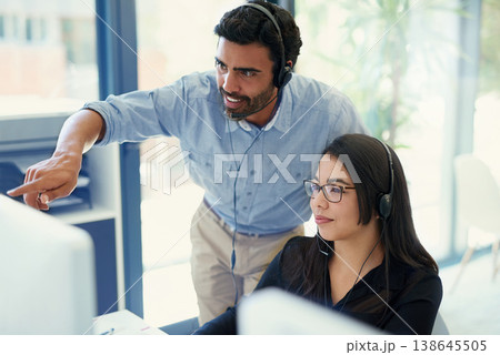 Telemarketing, manager and employee with customer service, call center or conversation with help desk. Business people, man or woman with tech support, crm or advice with mentor, internet or coaching Telemarketing, manager and employee with customer service, call center or conversation with help desk. Business people, man or woman with tech support, crm or advice with mentor, internet or coaching 138645505