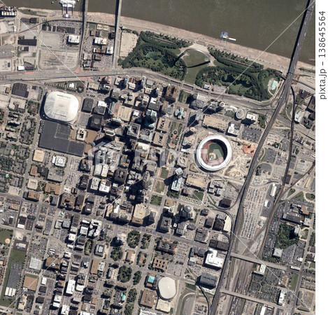 Travel, buildings and top view of earth map with nature, street and residential landscapes. Globe, land and aerial of road with field and houses from industrial satellite for environment development. 138645564