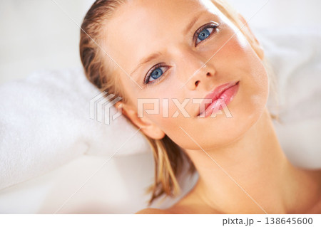 Calm, woman and bath portrait with cleaning, skincare and shampoo treatment with cosmetics. Wellness, bubble and smile of a female person with soap in a bathroom for hair wash and relax with spa Calm, woman and bath portrait with cleaning, skincare and shampoo treatment with cosmetics. Wellness, bubble and smile of a female person with soap in a bathroom for hair wash and relax with spa 138645600