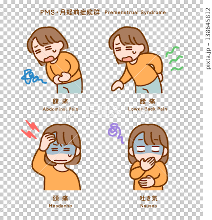經前症候群(PMS)症狀圖示(共4張):腹痛、下背痛、頭痛、噁心 經前症候群(PMS)症狀圖示(共4張):腹痛、下背痛、頭痛、噁心 138645812